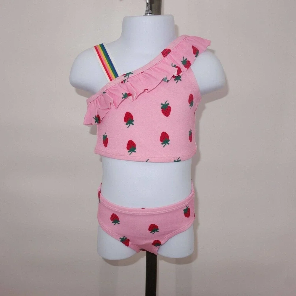 NEW Hanna Andersson Pink Strawberry Ruffle Tankini Swimsuit Size 80 18-2…
